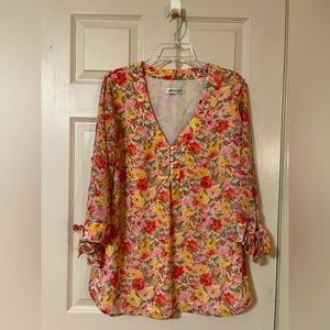 Coldwater Creek Plus Size 1X Floral Print Blouse V Neck Pullover Sleeves w/ Bows